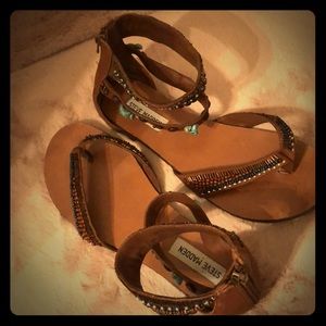 Unique beaded leather thong sandal, ankle strap